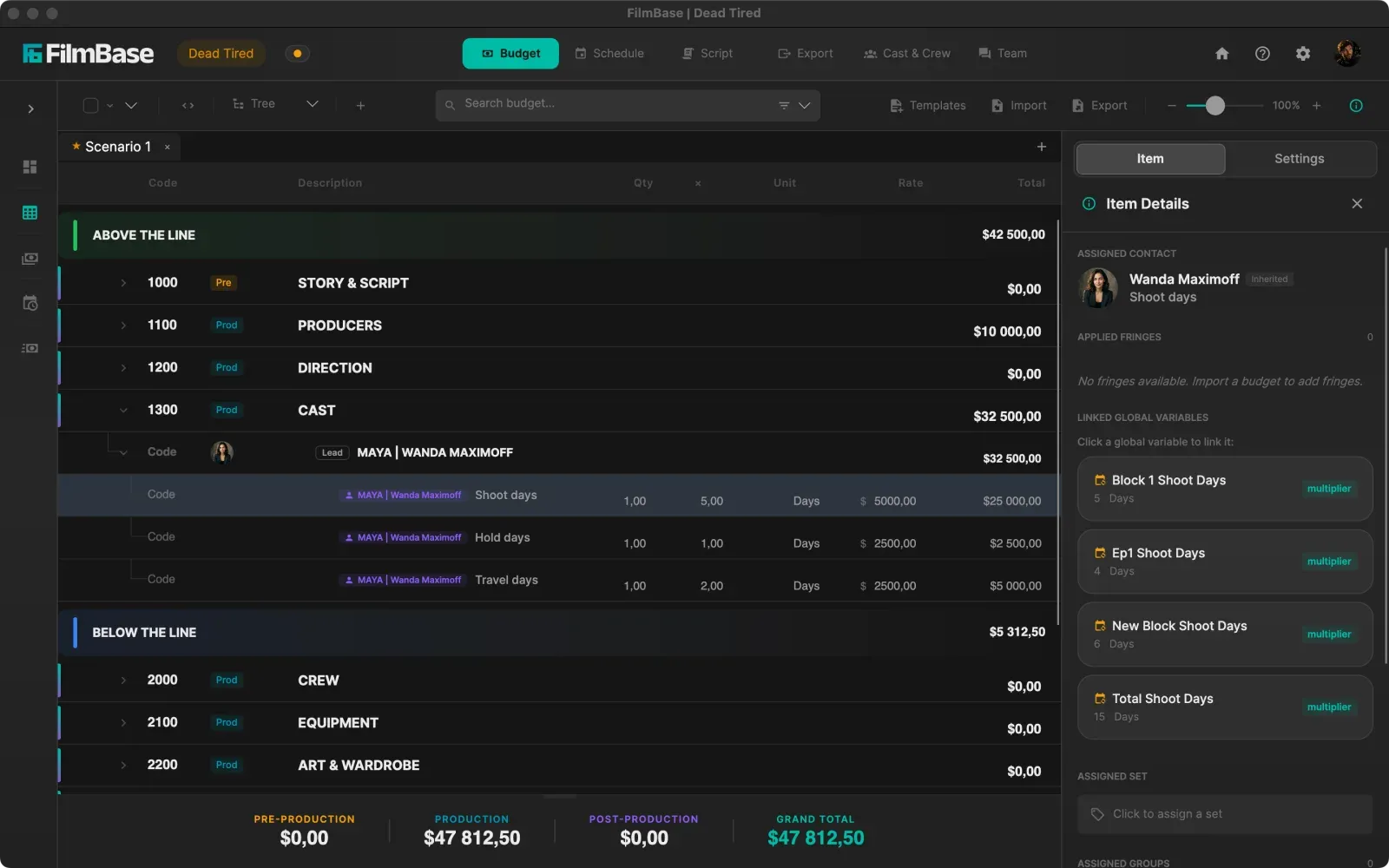 The Detailed Budget in SetShaper, showing categories, accounts, and line items