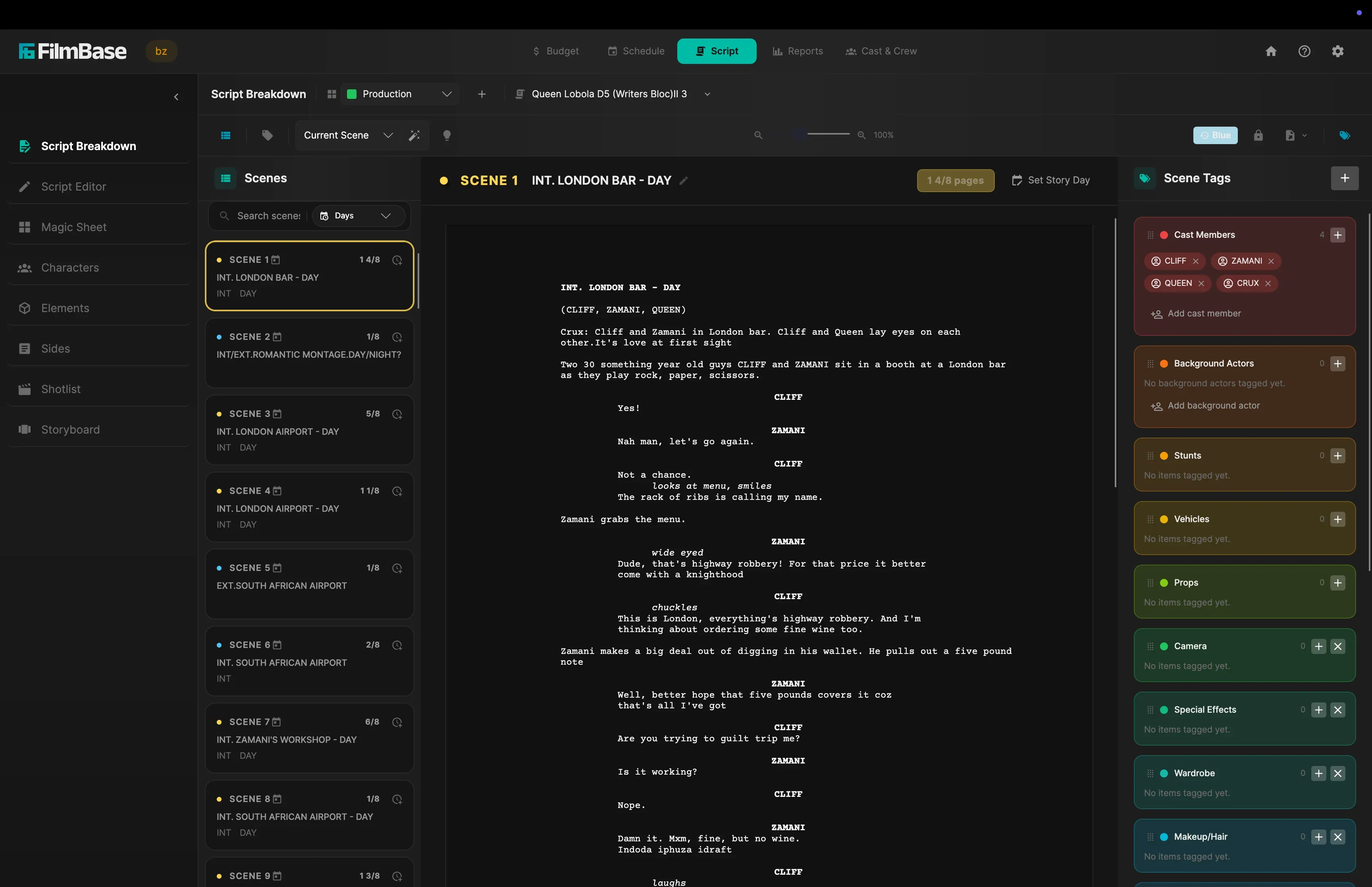The script breakdown view in SetShaper, with tagged elements alongside the script text