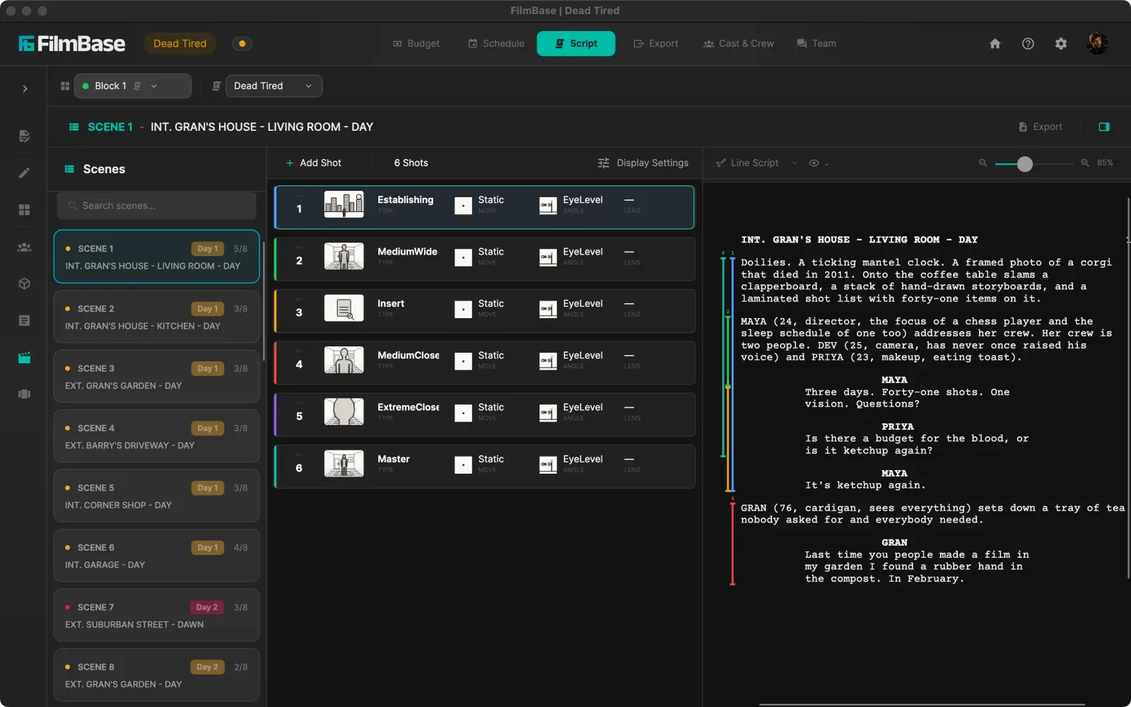 Shotlist in SetShaper