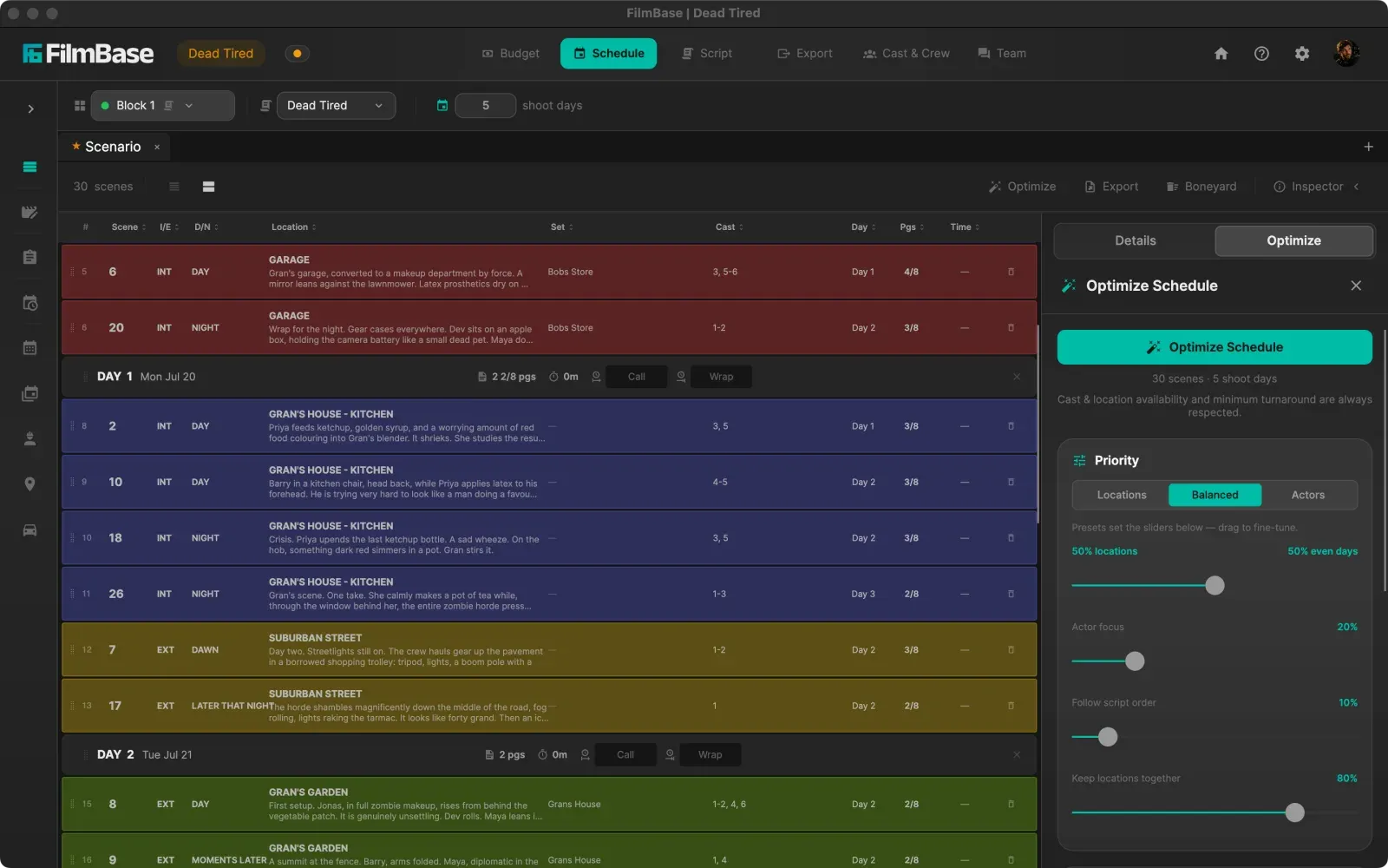 The stripboard in SetShaper, with scenes as colored strips grouped into shoot days