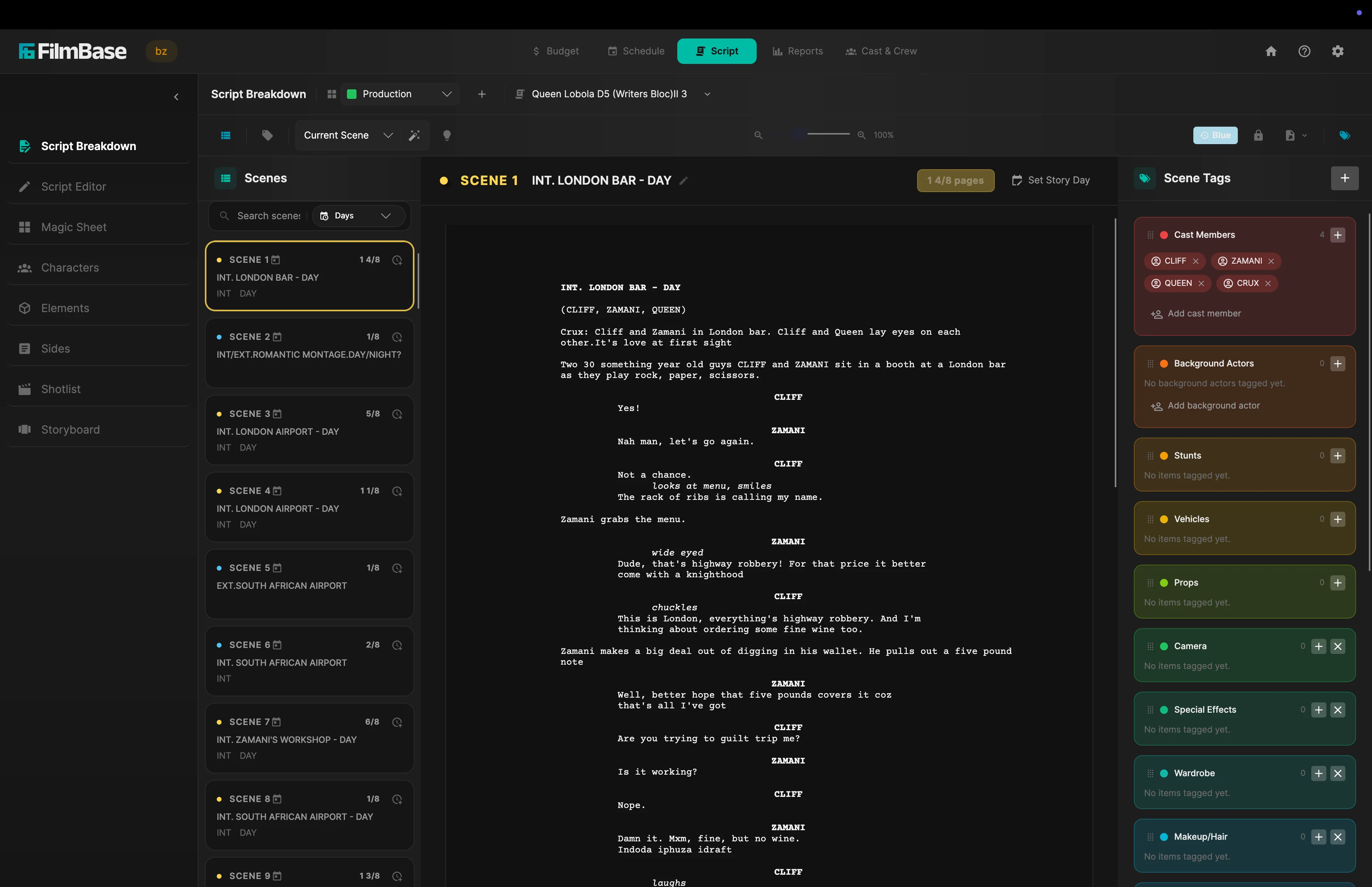 A script breakdown view in SetShaper showing tagged elements